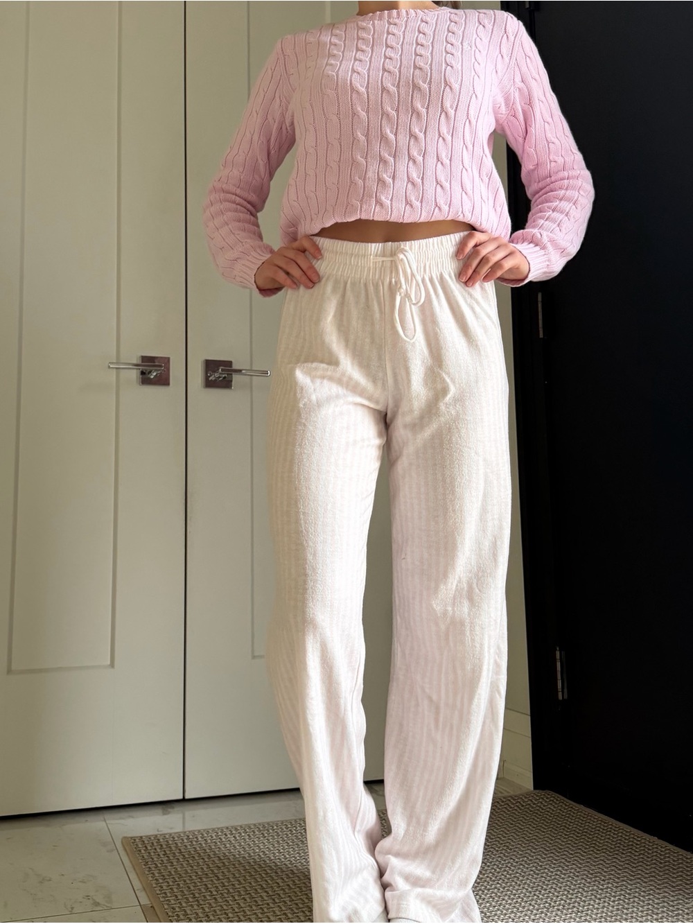 Cozy White and Pink Drawstring Lounge Pants